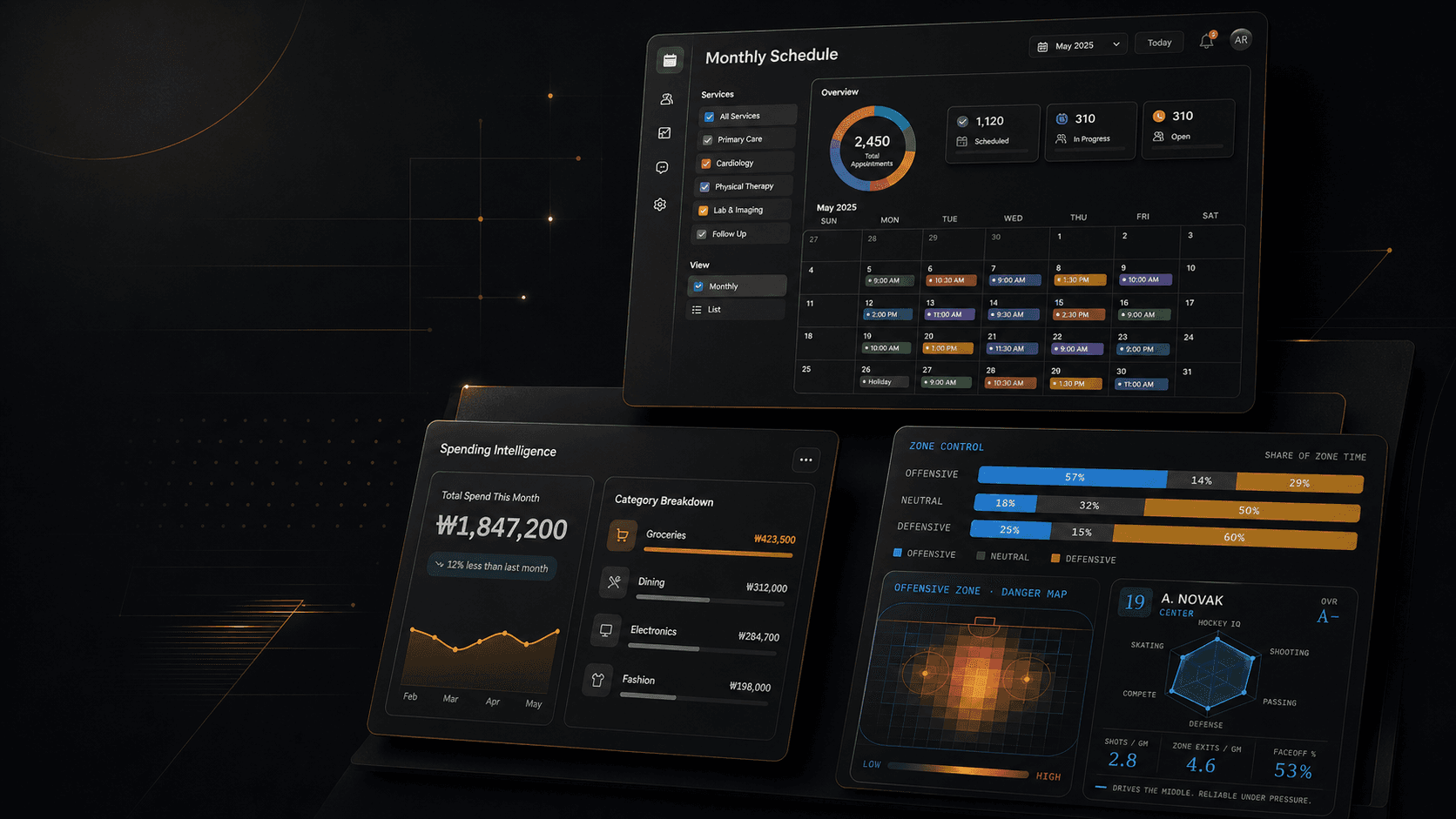 Collage of scheduling, commerce, and decision-support interfaces built by James