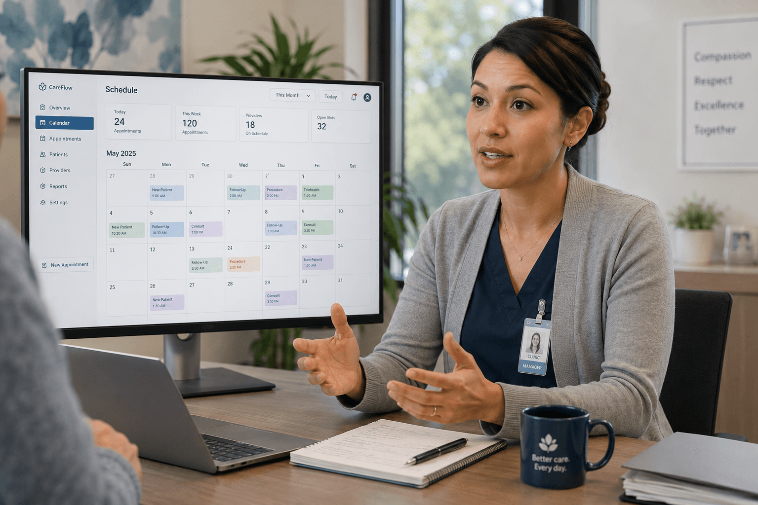 Clinic manager reviewing the scheduling dashboard during a research session