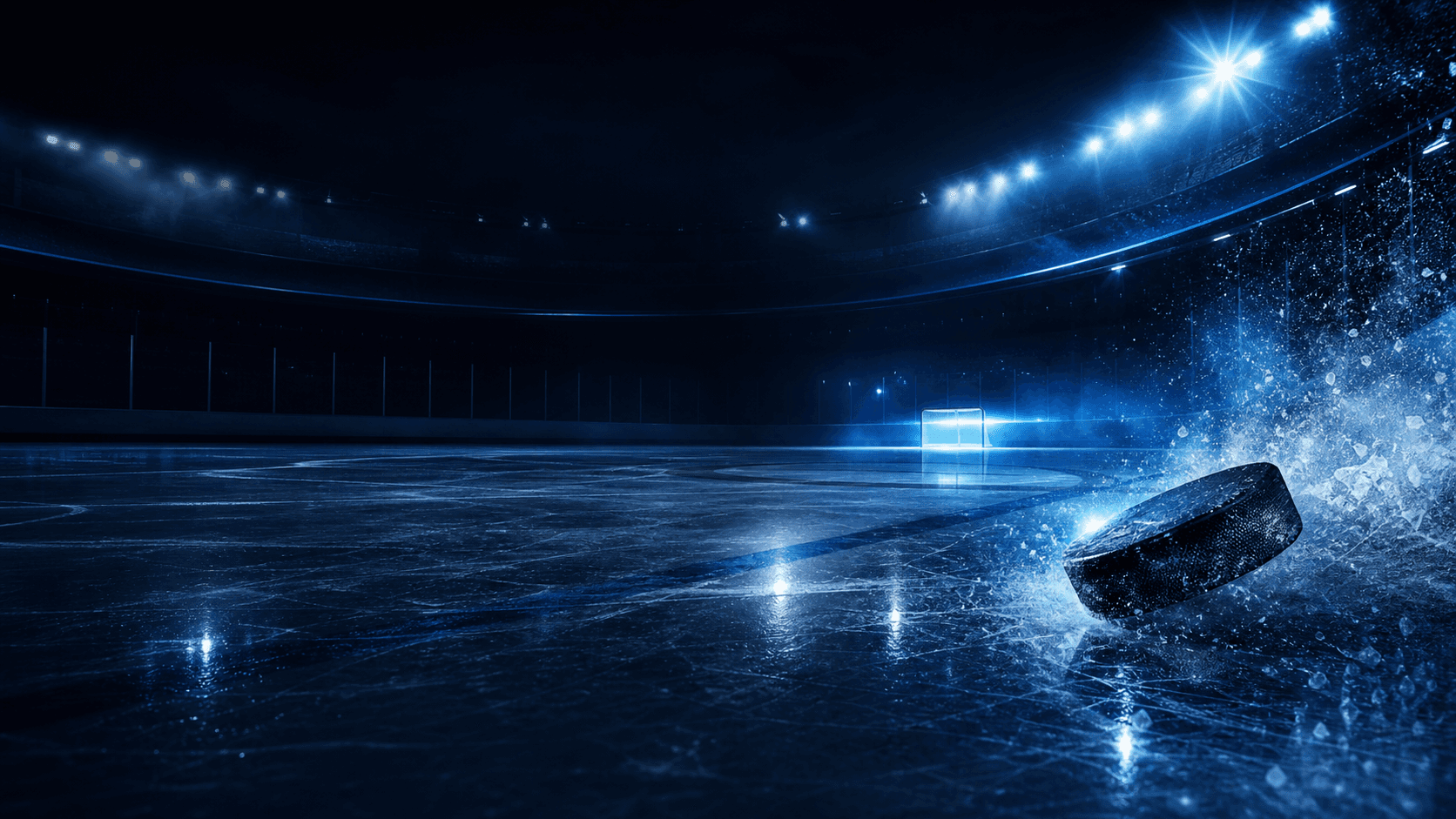 Hockey puck breaking through bright ice in a dark blue-lit arena